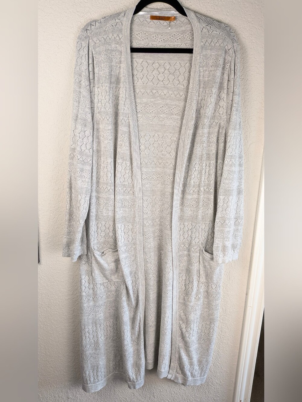 Belldini Duster Cardigan Sweater 3X Dove Gray Pointelle Knit Long Sleeve Cotton
